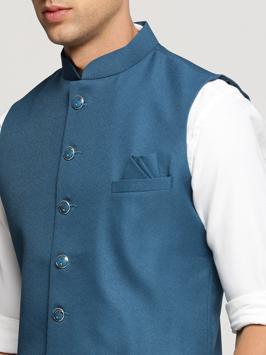 Men's Blue Nehru Jacket with Mandarin Collar & Button Detail