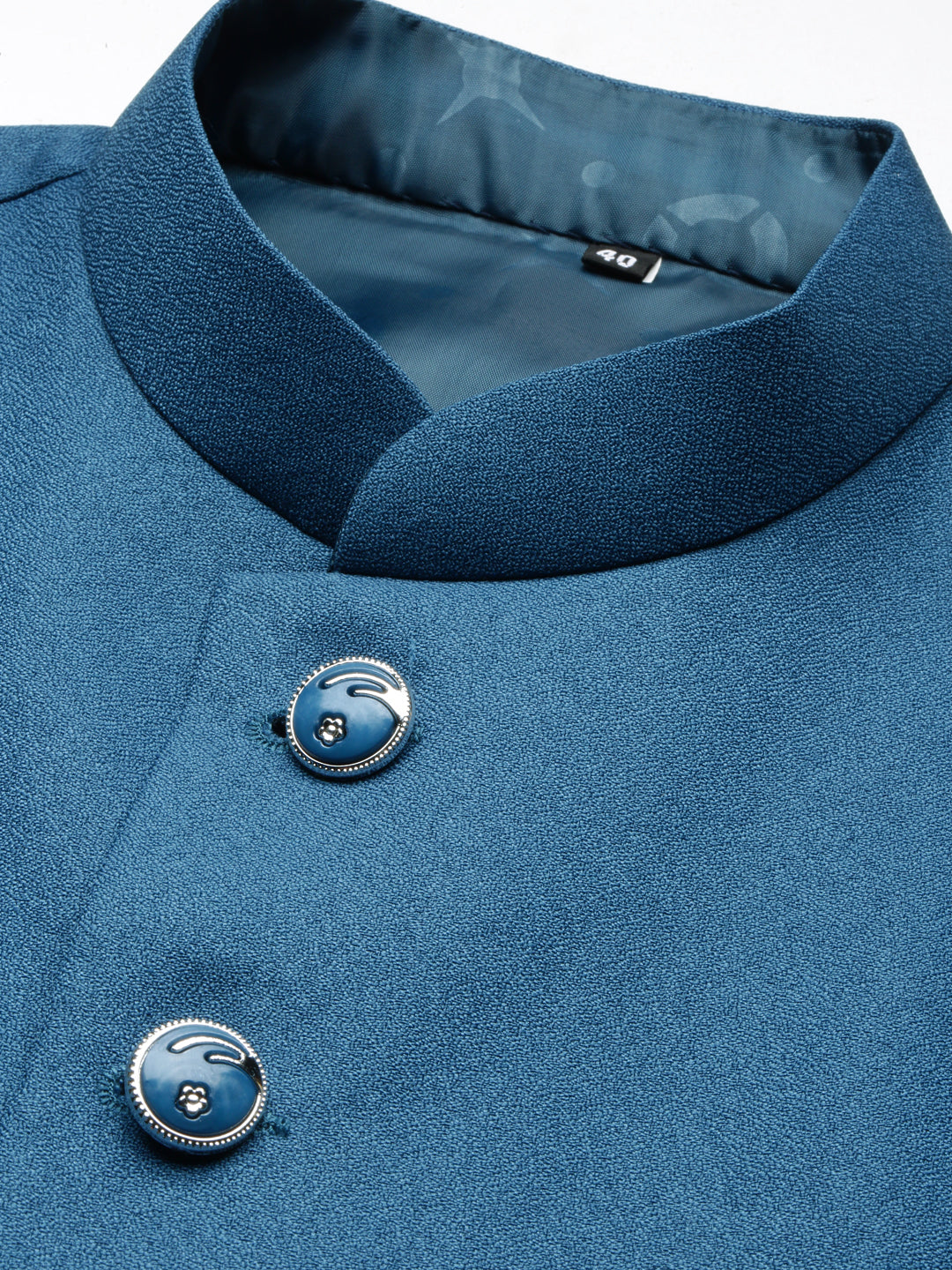 Men's Blue Nehru Jacket with Mandarin Collar & Button Detail
