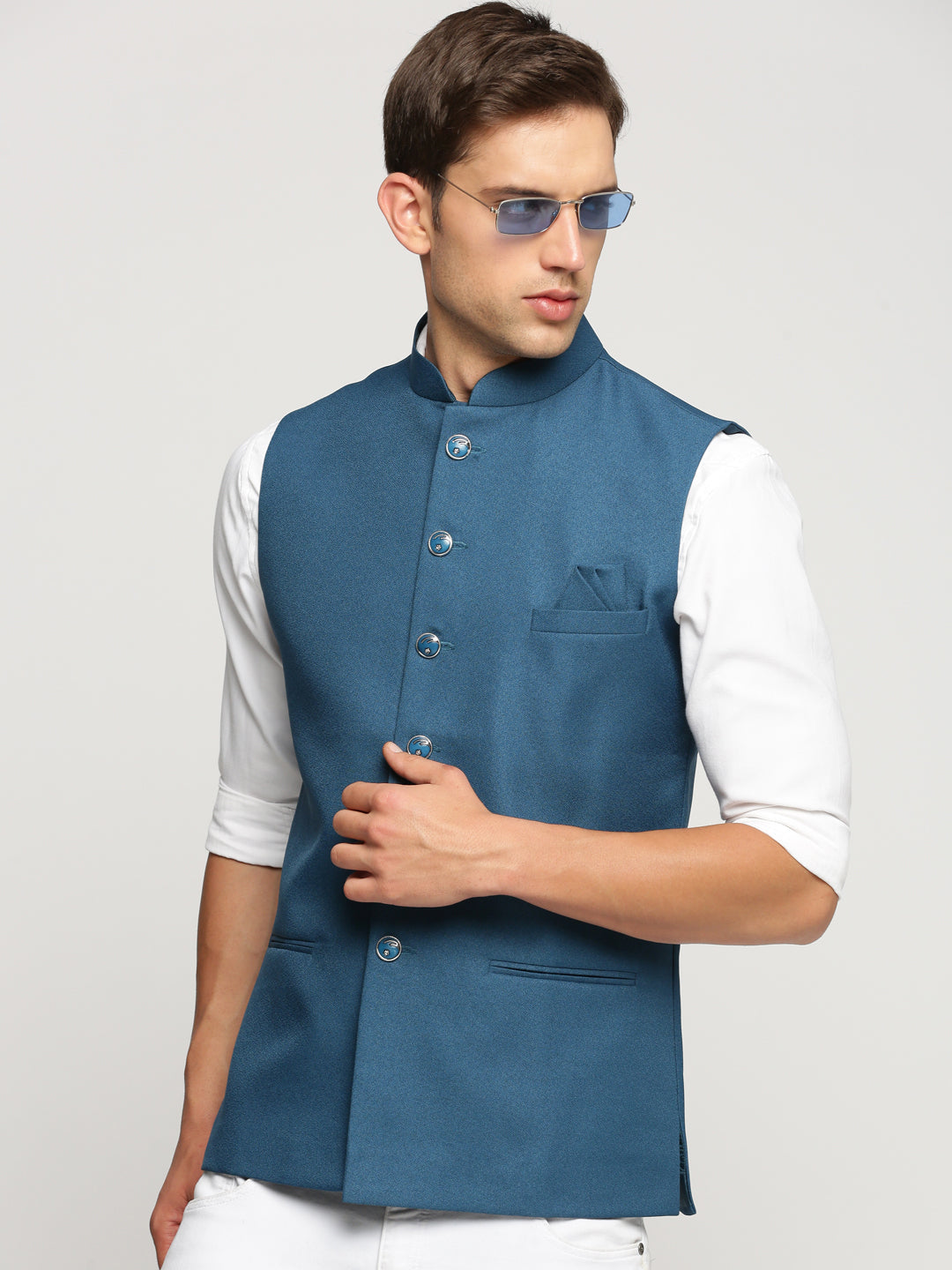 Men's Blue Nehru Jacket with Mandarin Collar & Button Detail