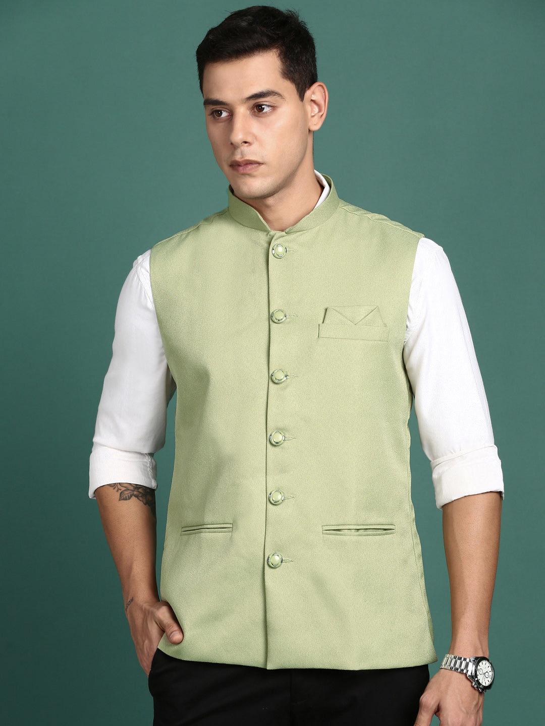 Men Solid Green Slim Fit Nehru Jacket