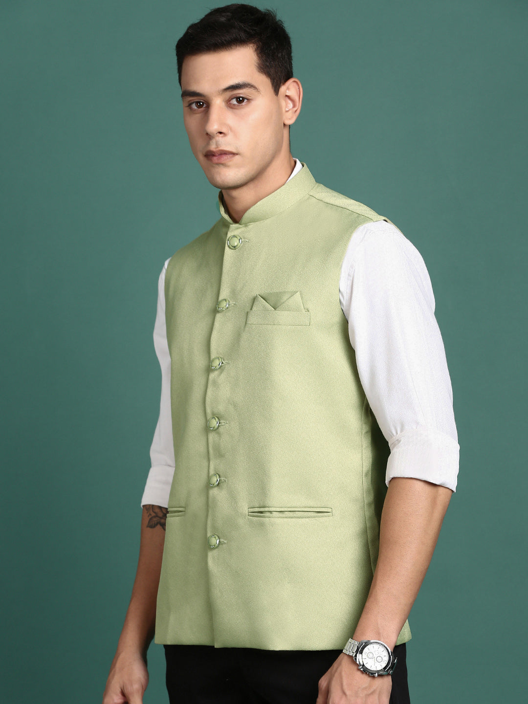 Men Solid Green Slim Fit Nehru Jacket