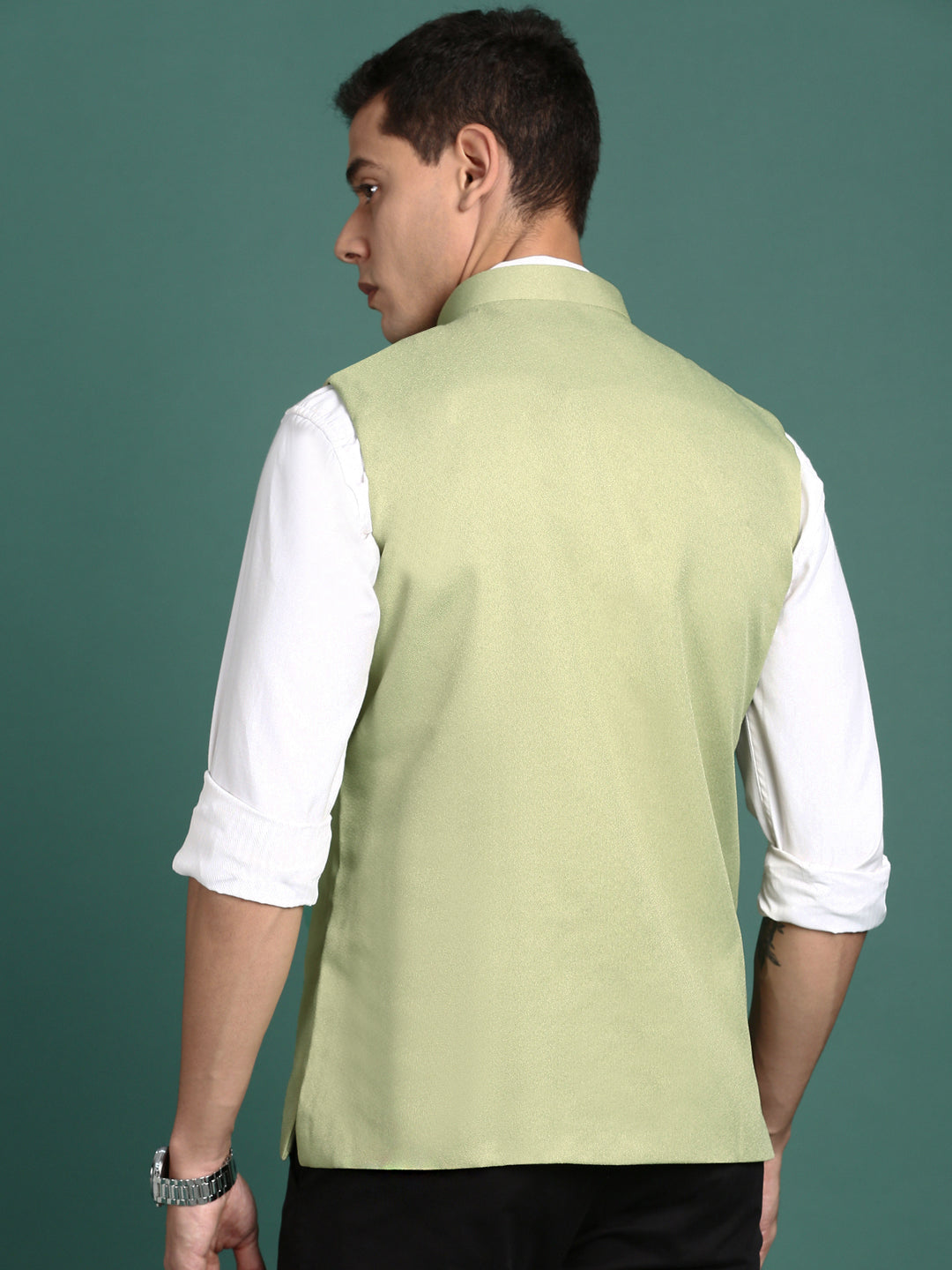 Men Solid Green Slim Fit Nehru Jacket