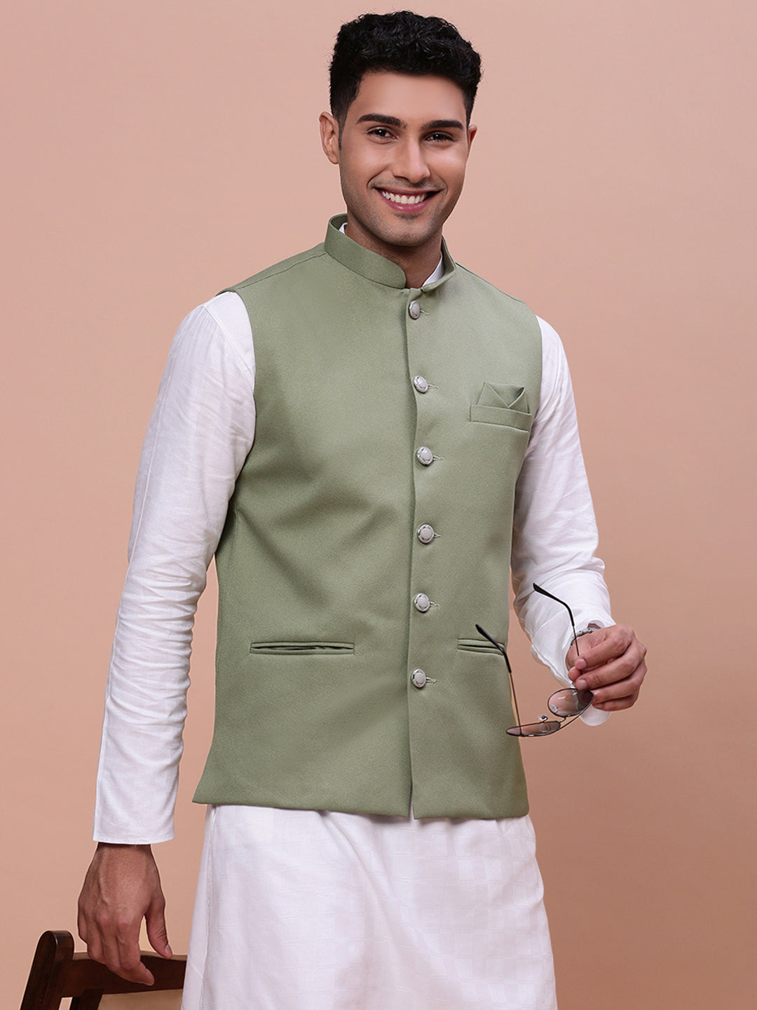 Men Solid Green Slim Fit Nehru Jacket