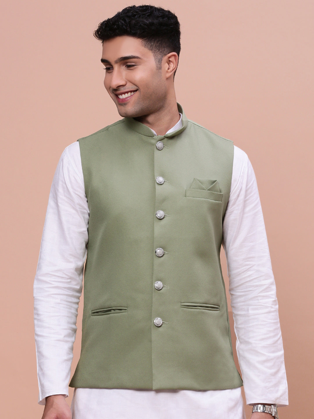 Men Solid Green Slim Fit Nehru Jacket