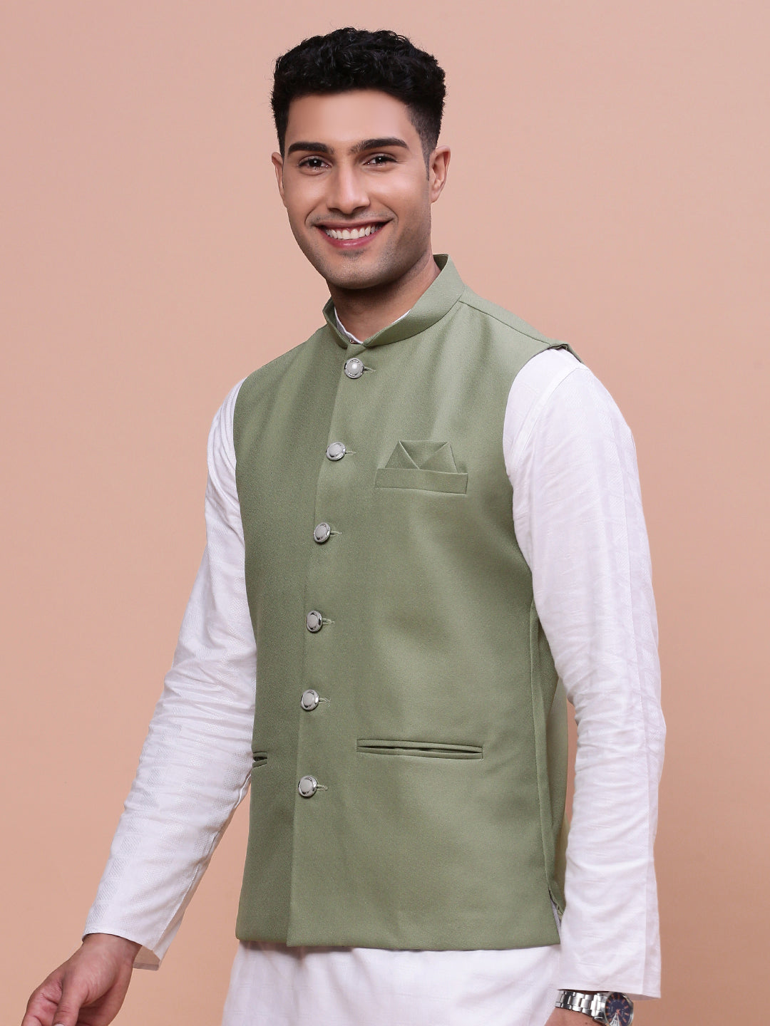 Men Solid Green Slim Fit Nehru Jacket