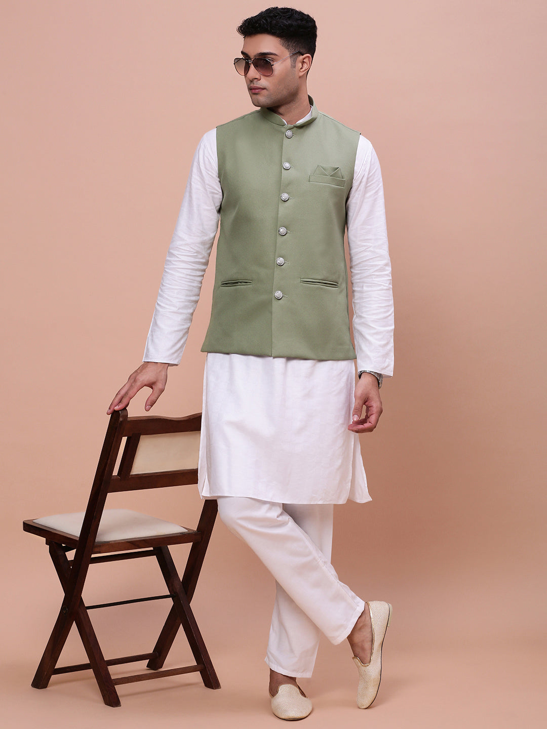 Men Solid Green Slim Fit Nehru Jacket