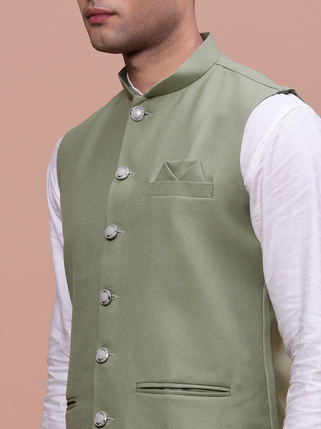 Men Solid Green Slim Fit Nehru Jacket