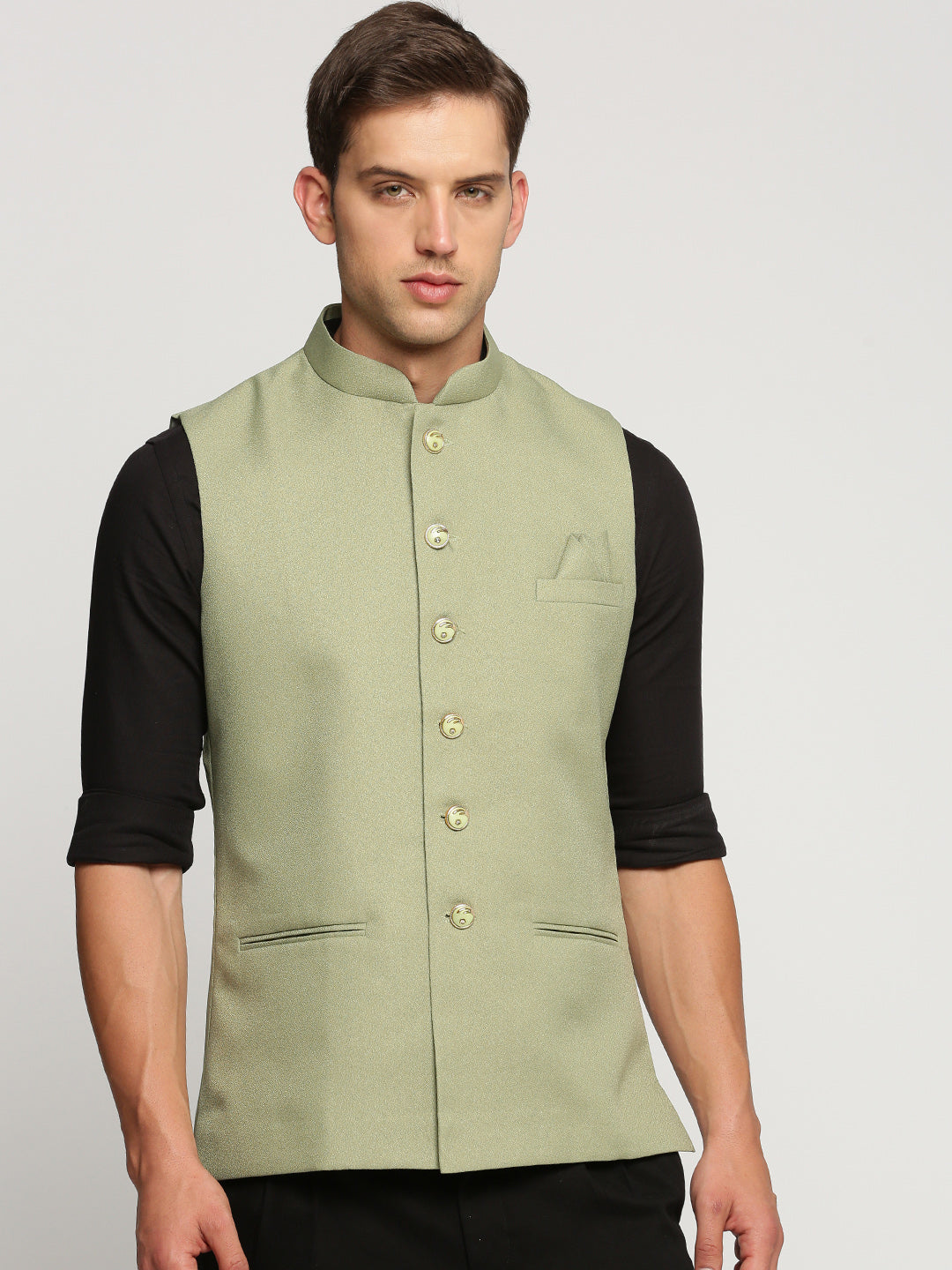 Men's Green Nehru Jacket with Mandarin Collar & Button Detail