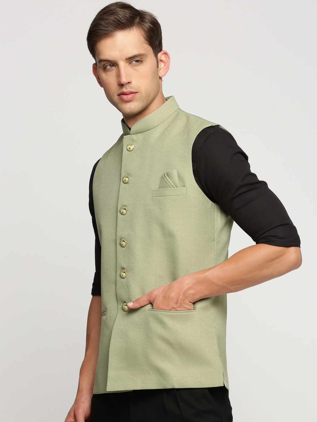 Men's Green Nehru Jacket with Mandarin Collar & Button Detail