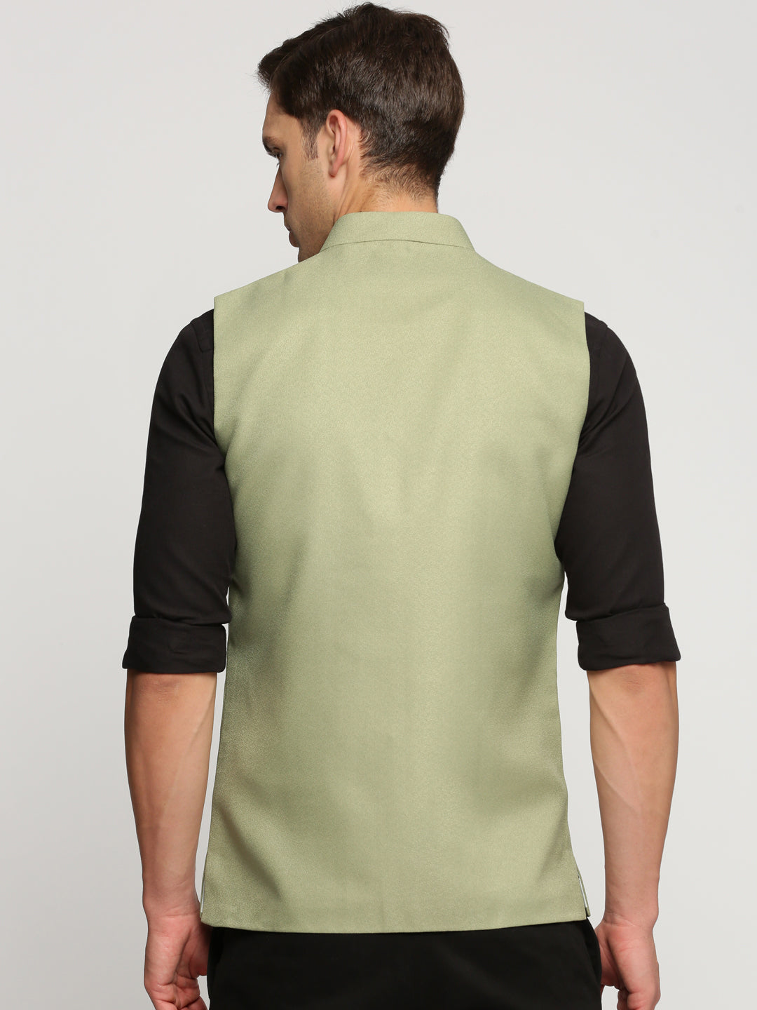 Men's Green Nehru Jacket with Mandarin Collar & Button Detail