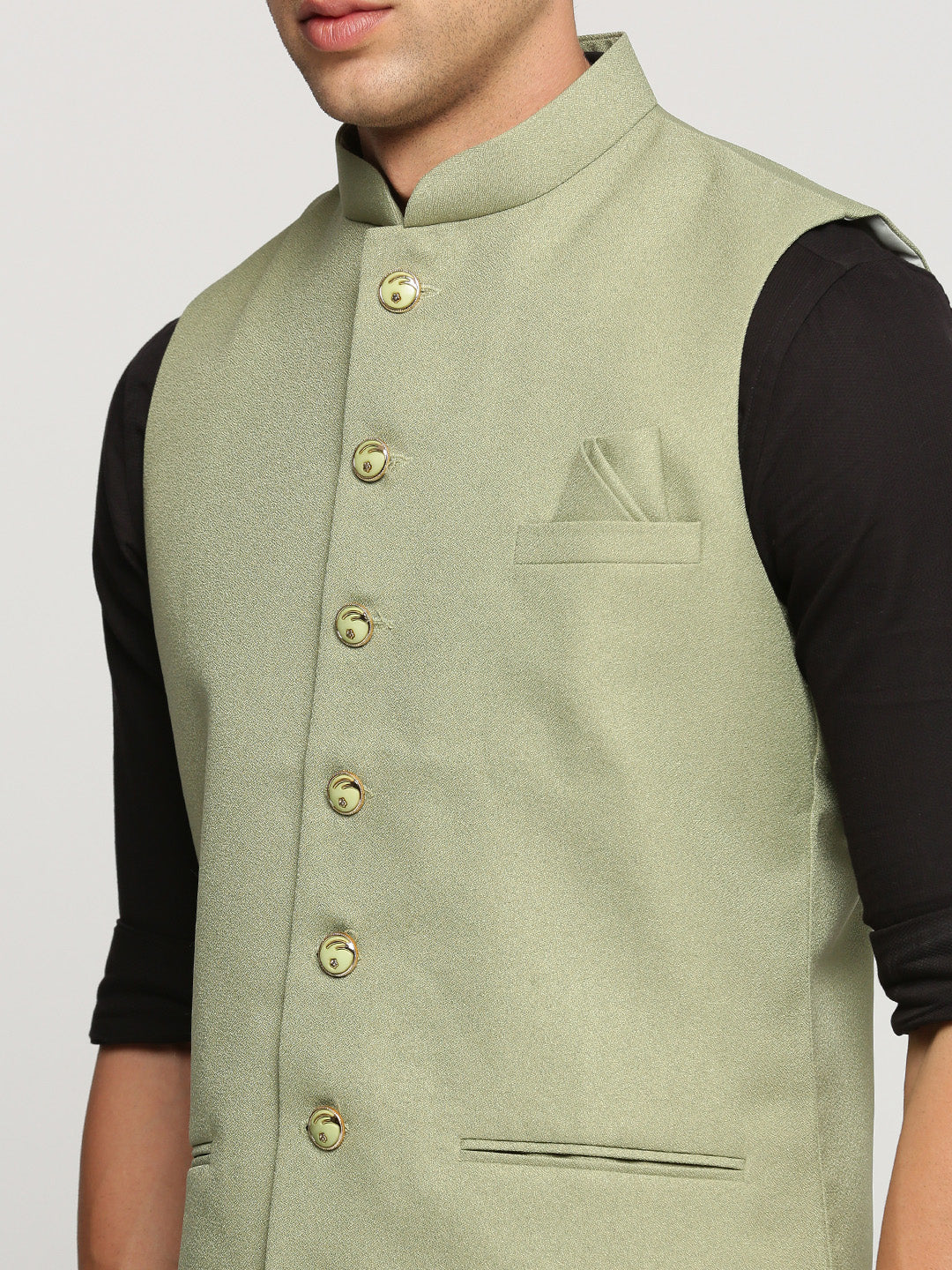Men's Green Nehru Jacket with Mandarin Collar & Button Detail