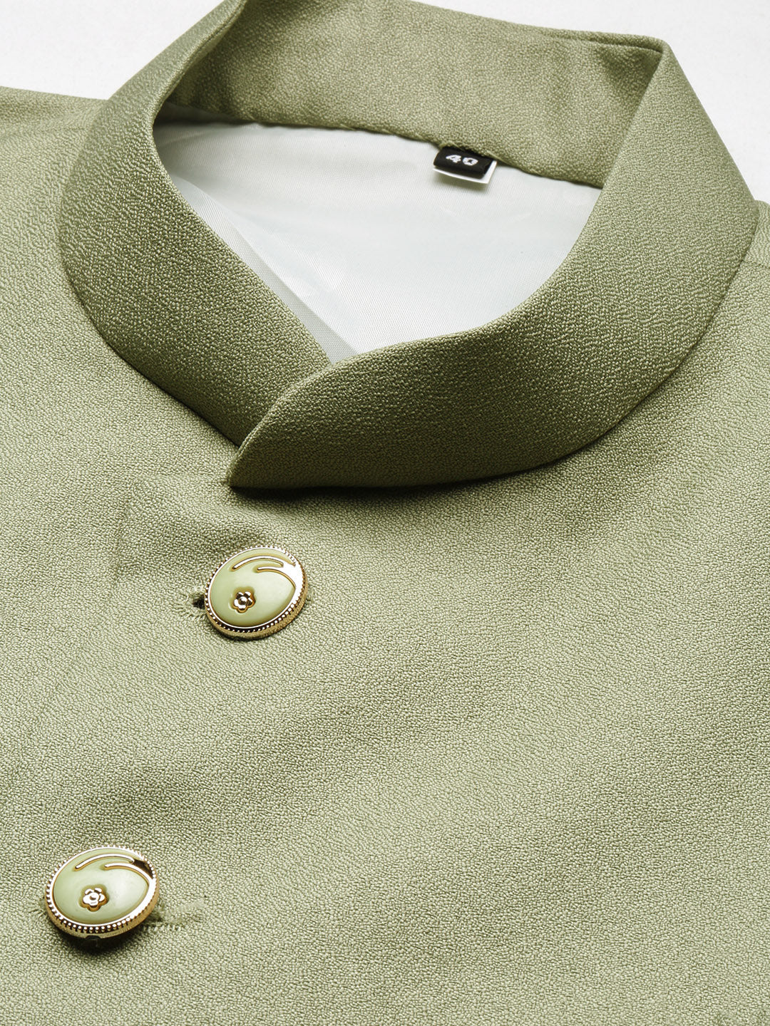Men's Green Nehru Jacket with Mandarin Collar & Button Detail