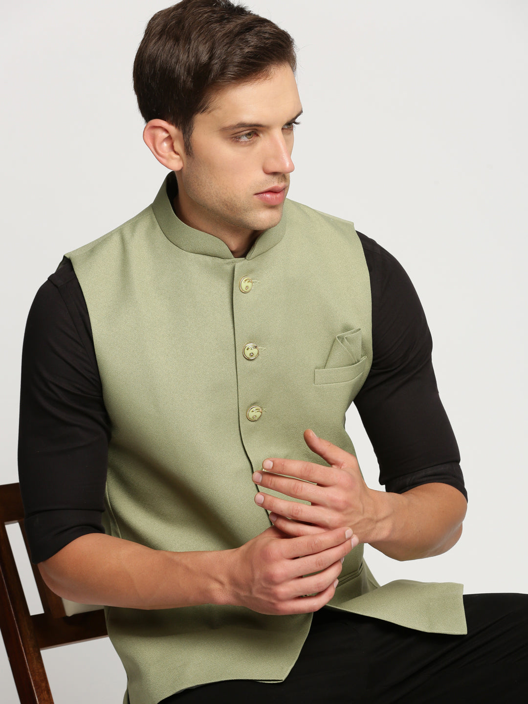 Men's Green Nehru Jacket with Mandarin Collar & Button Detail