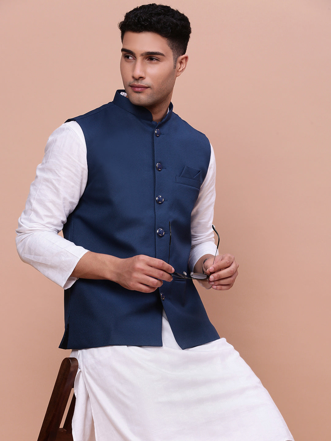 Men Solid Blue Slim Fit Nehru Jacket