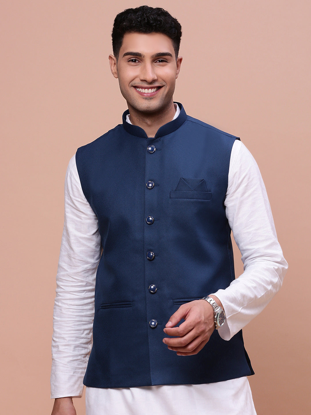 Men Solid Blue Slim Fit Nehru Jacket