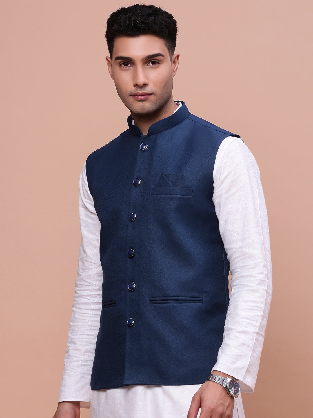 Men Solid Blue Slim Fit Nehru Jacket