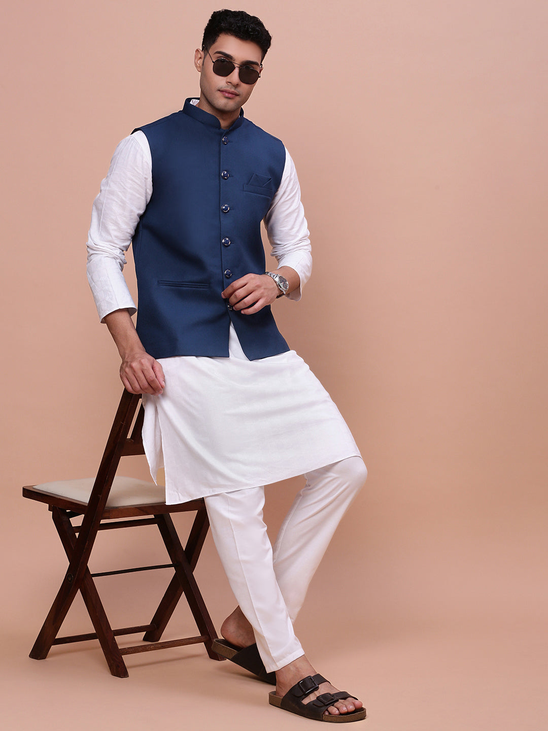 Men Solid Blue Slim Fit Nehru Jacket