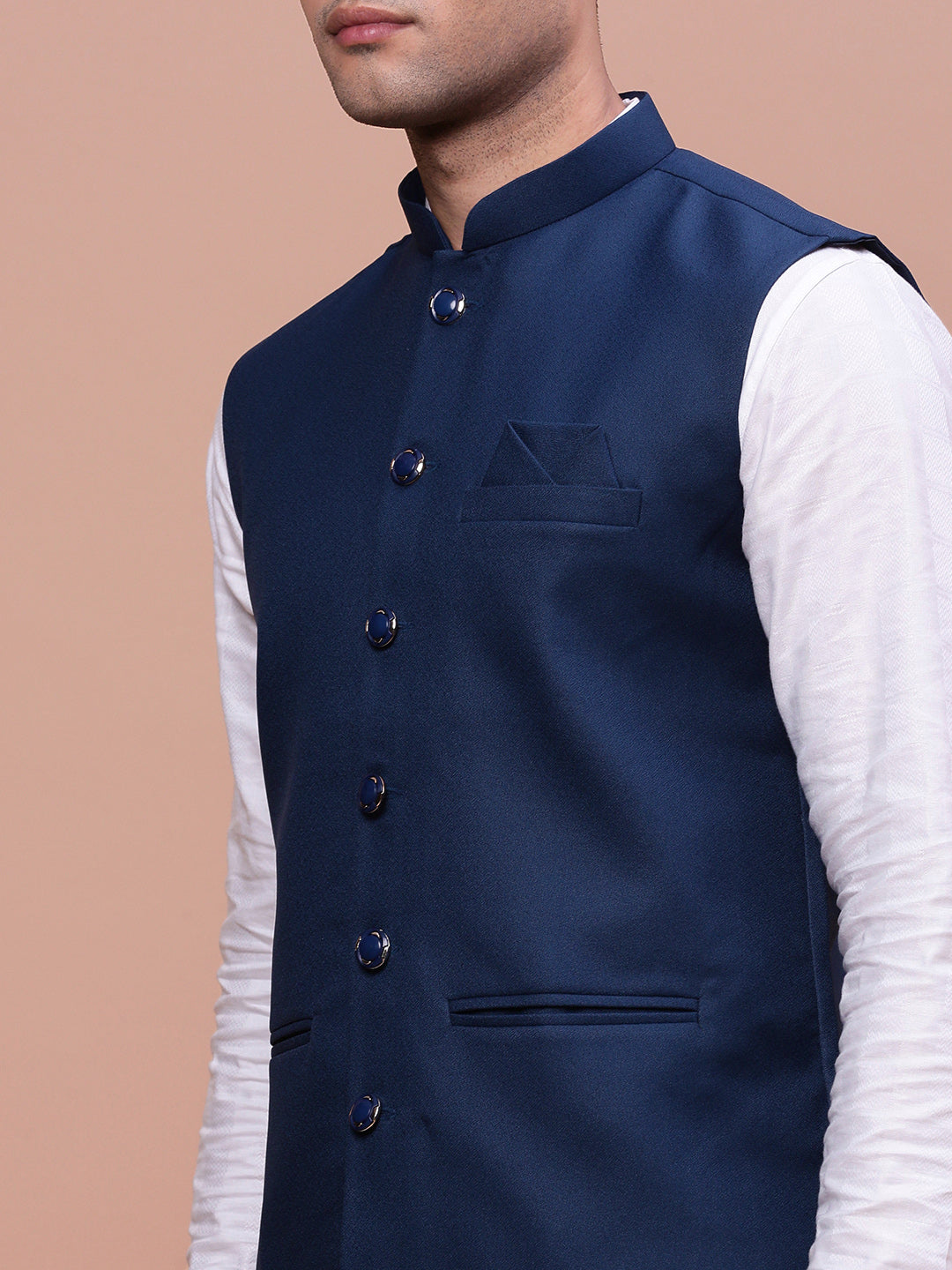 Men Solid Blue Slim Fit Nehru Jacket