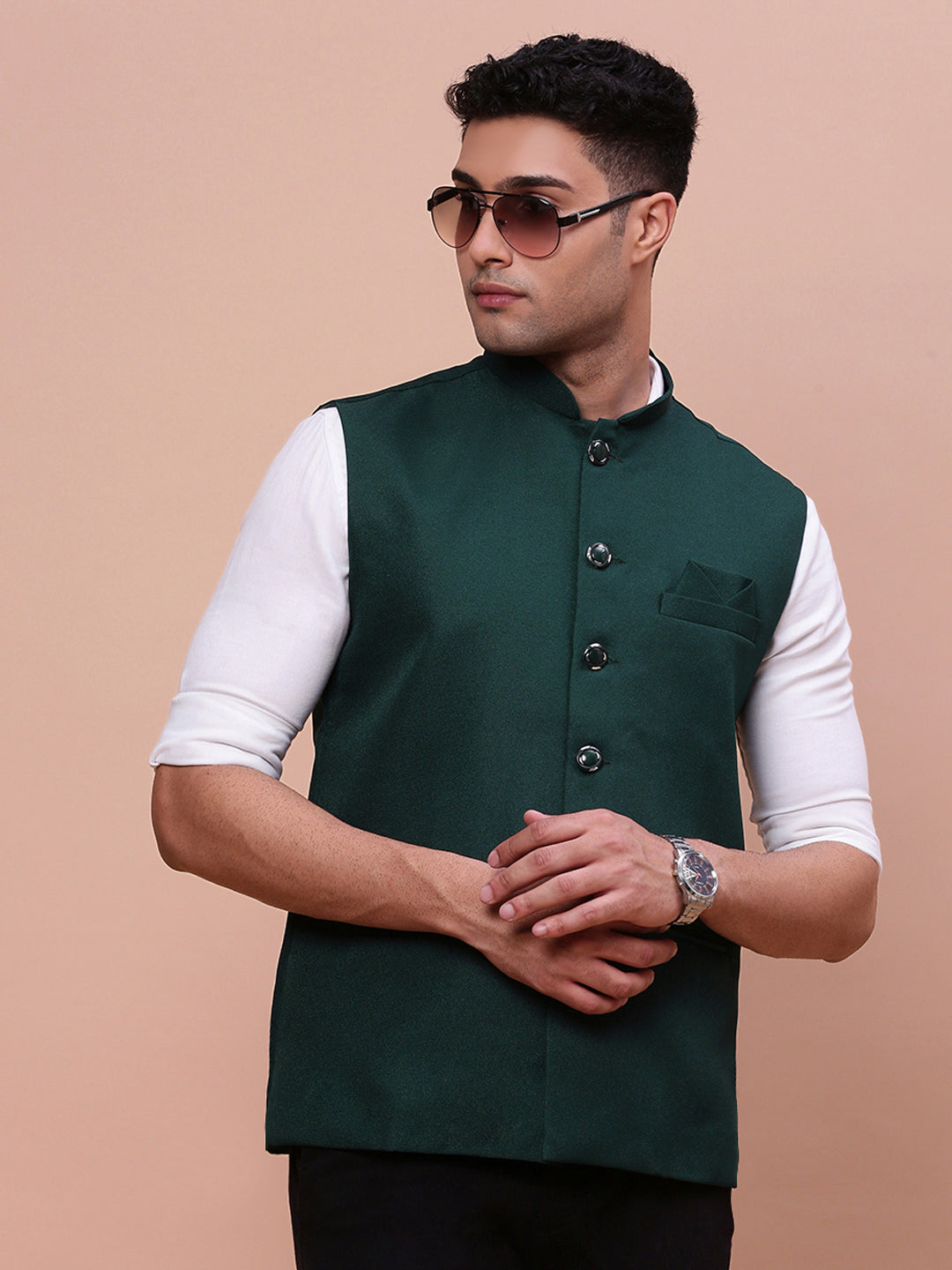 Men Solid Green Slim Fit Nehru Jacket