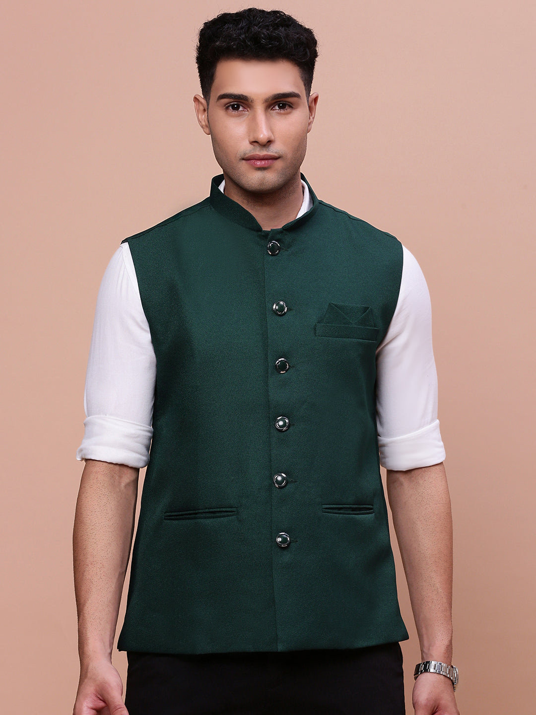 Men Solid Green Slim Fit Nehru Jacket