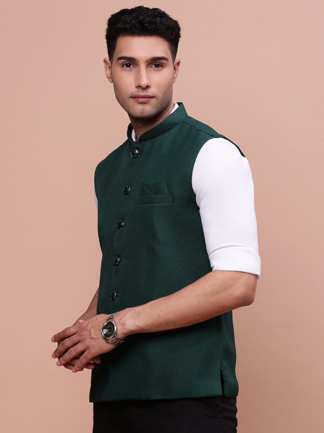 Men Solid Green Slim Fit Nehru Jacket