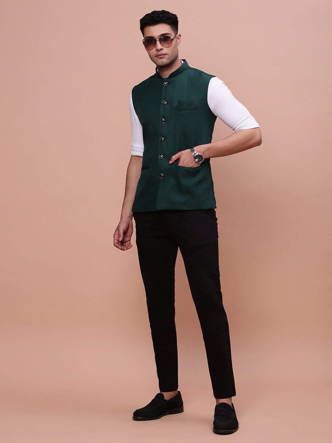 Men Solid Green Slim Fit Nehru Jacket