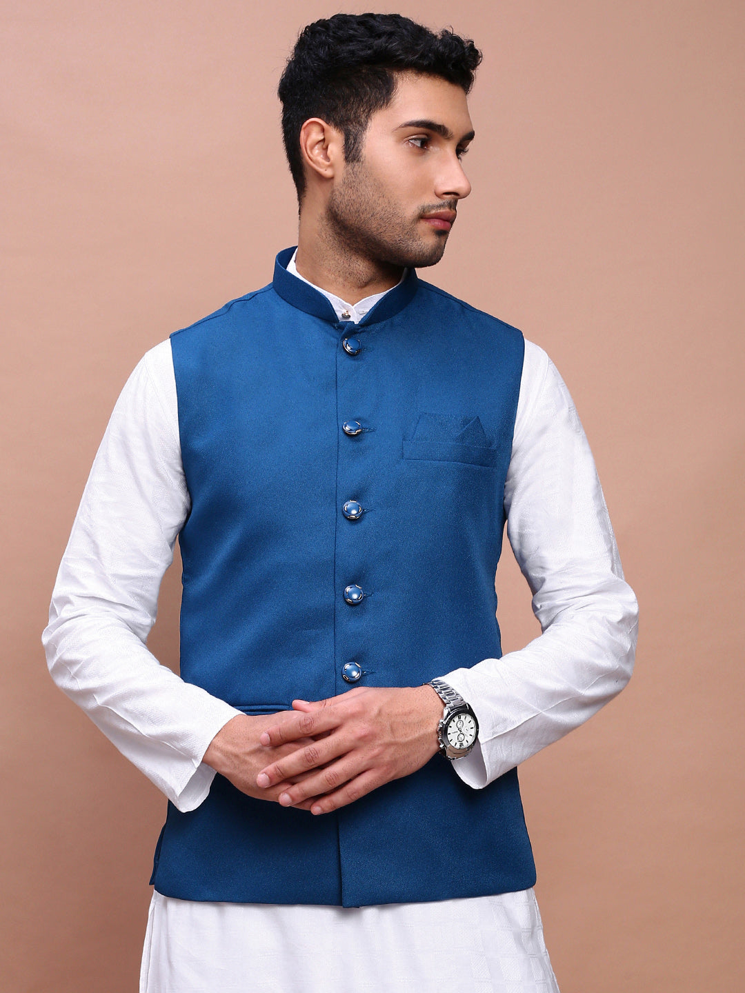 Men Solid Turquoise Blue Slim Fit Nehru Jacket