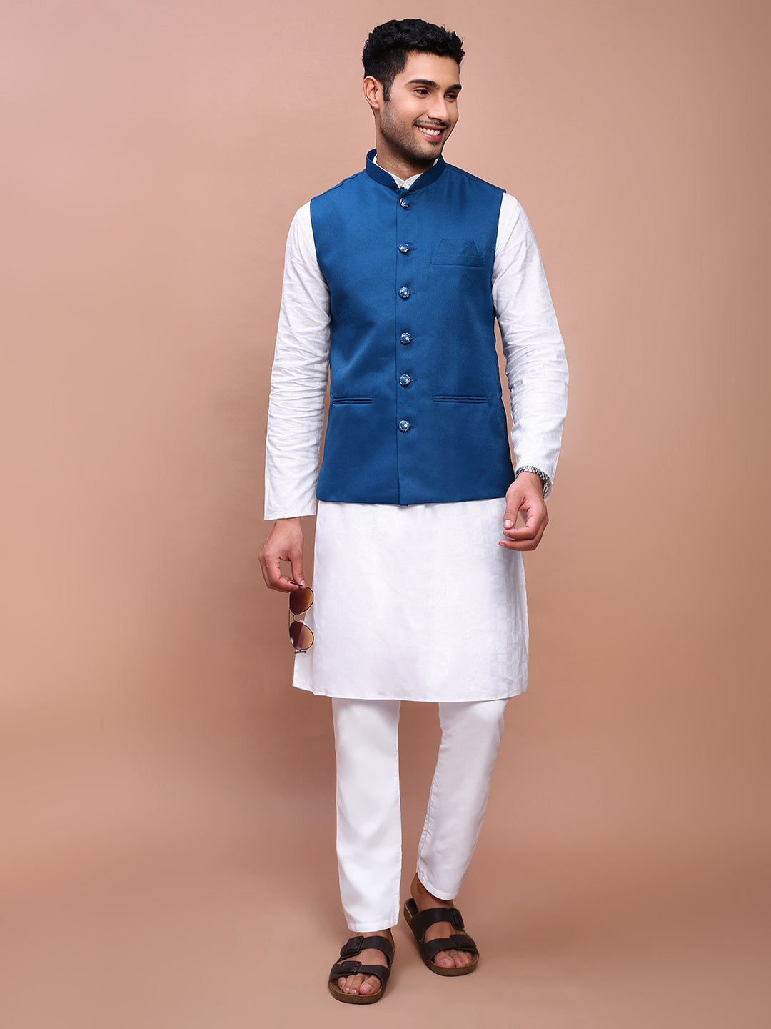 Men Solid Turquoise Blue Slim Fit Nehru Jacket