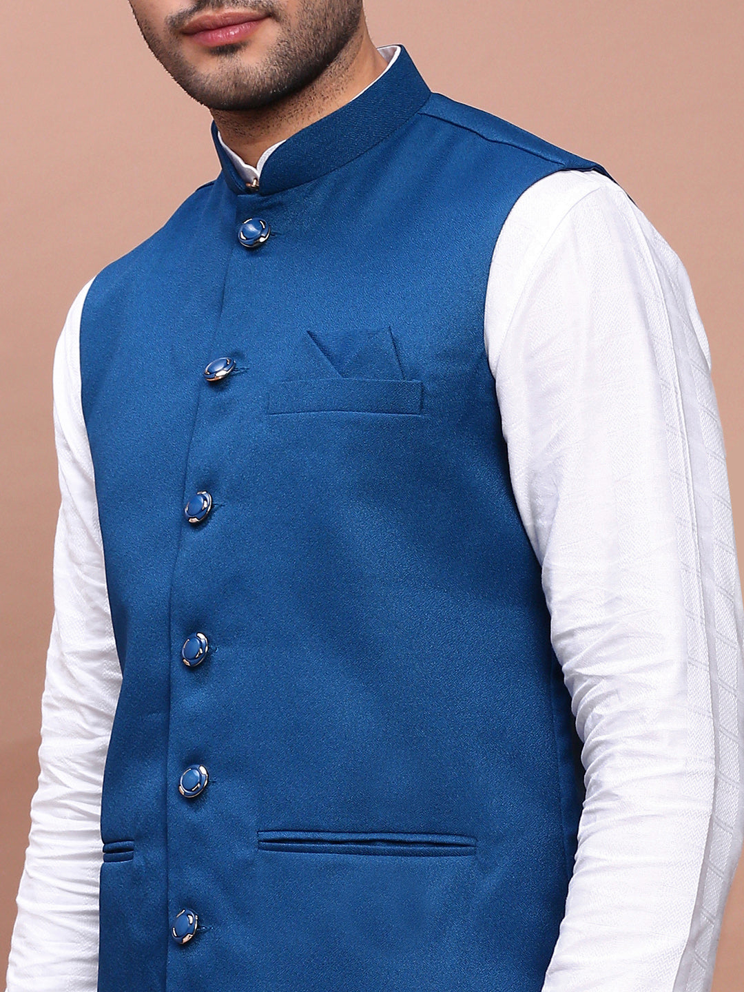 Men Solid Turquoise Blue Slim Fit Nehru Jacket