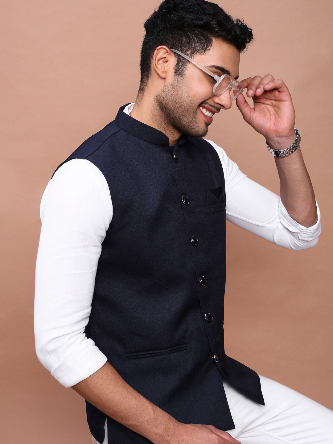 Men Solid Navy Blue Slim Fit Nehru Jacket