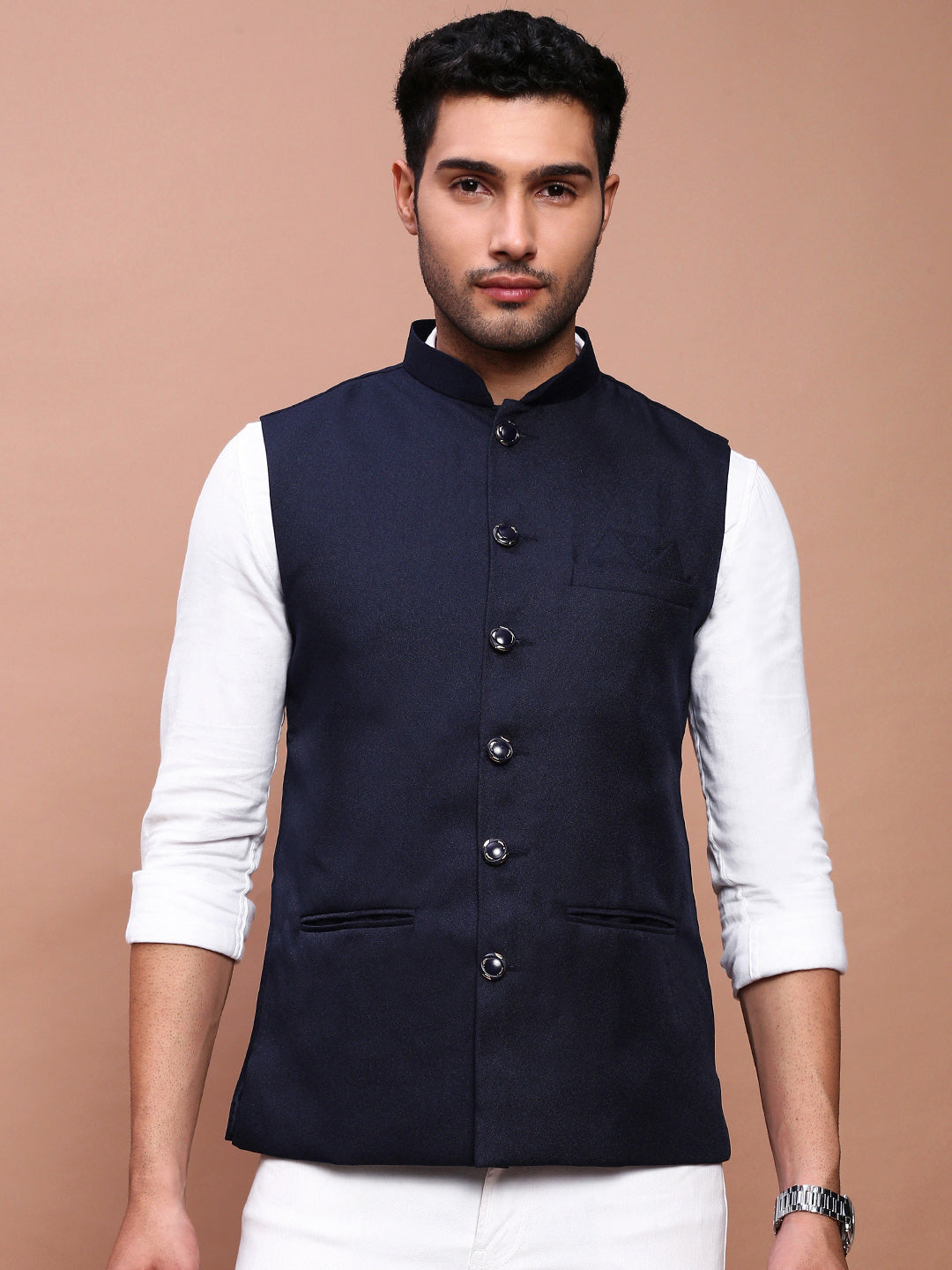 Men Solid Navy Blue Slim Fit Nehru Jacket