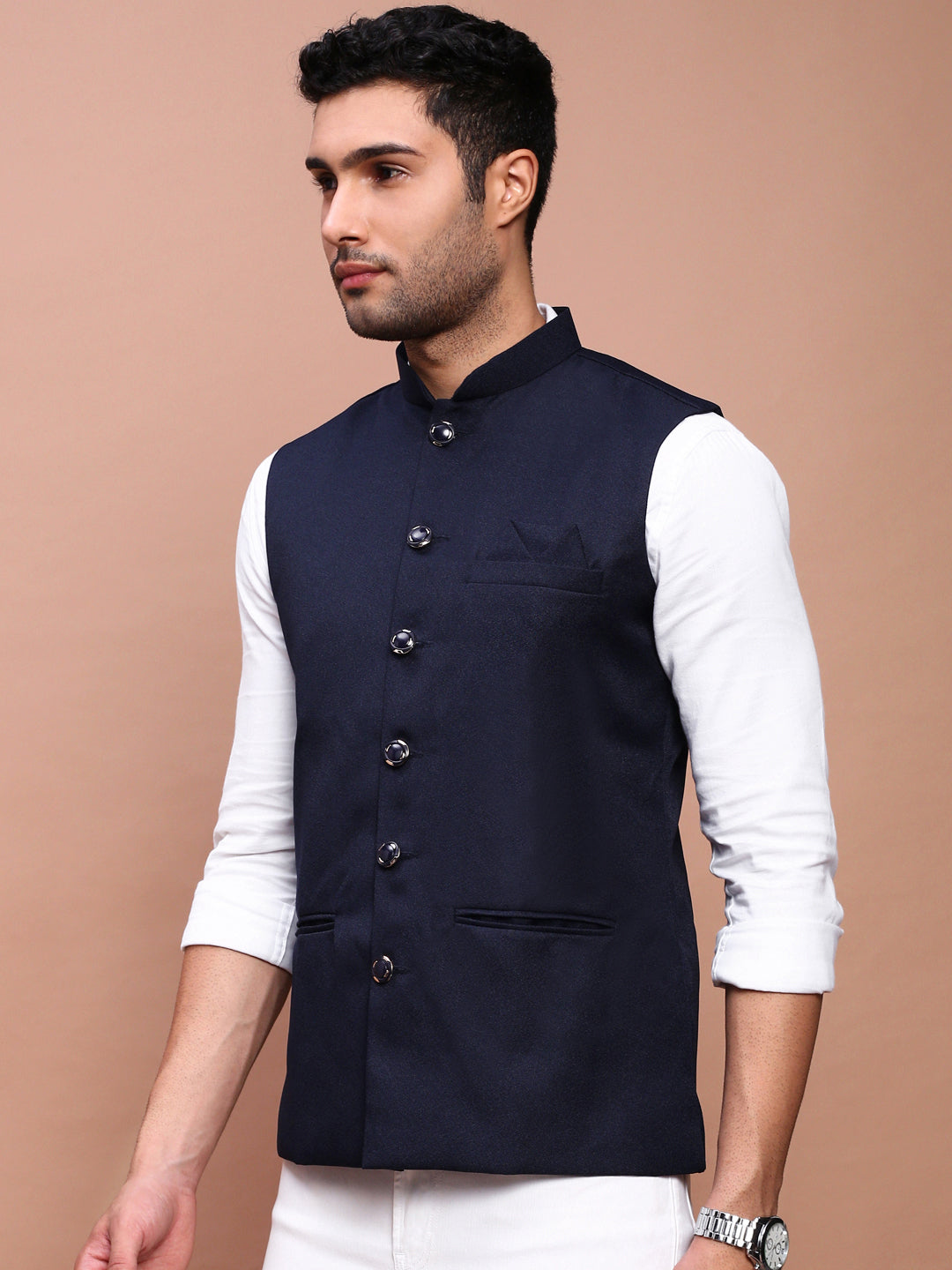 Men Solid Navy Blue Slim Fit Nehru Jacket