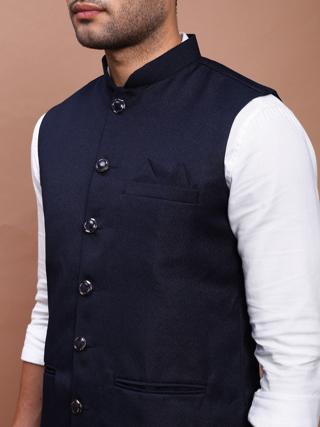 Men Solid Navy Blue Slim Fit Nehru Jacket