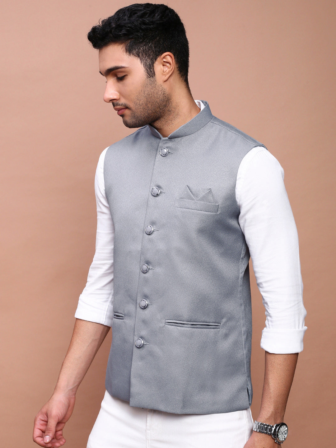 Men Solid Grey Slim Fit Nehru Jacket