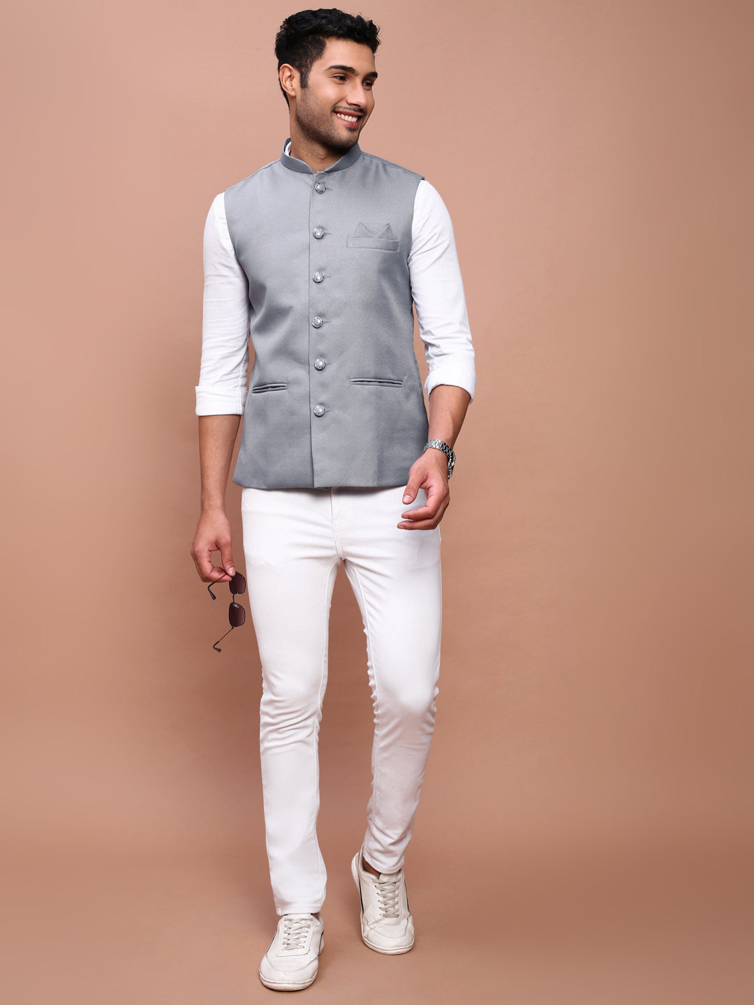 Men Solid Grey Slim Fit Nehru Jacket