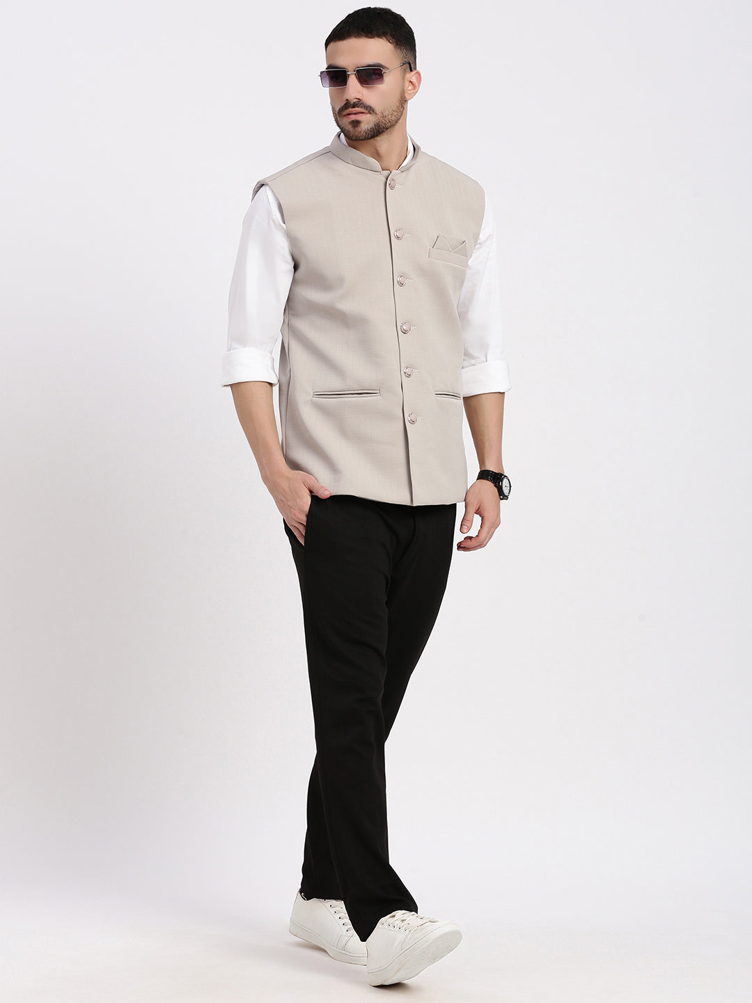 Men Solid Beige Nehru Jacket