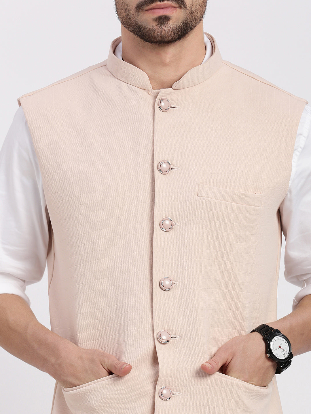 Men Solid Peach Nehru Jacket