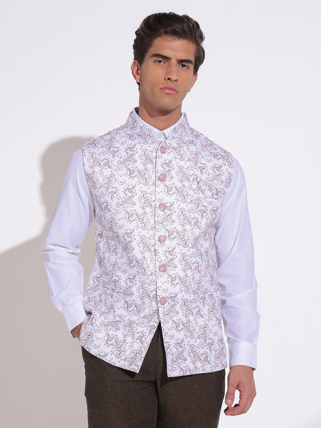 Men's Printed Brown Nehru Jacket