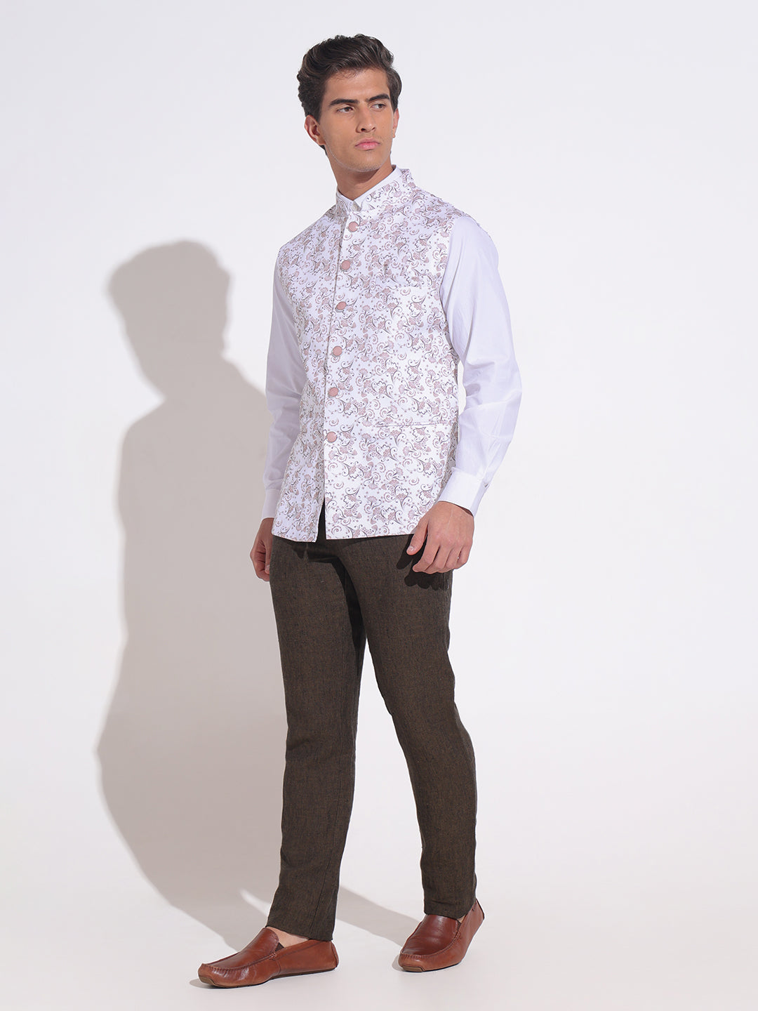 Men's Printed Brown Nehru Jacket