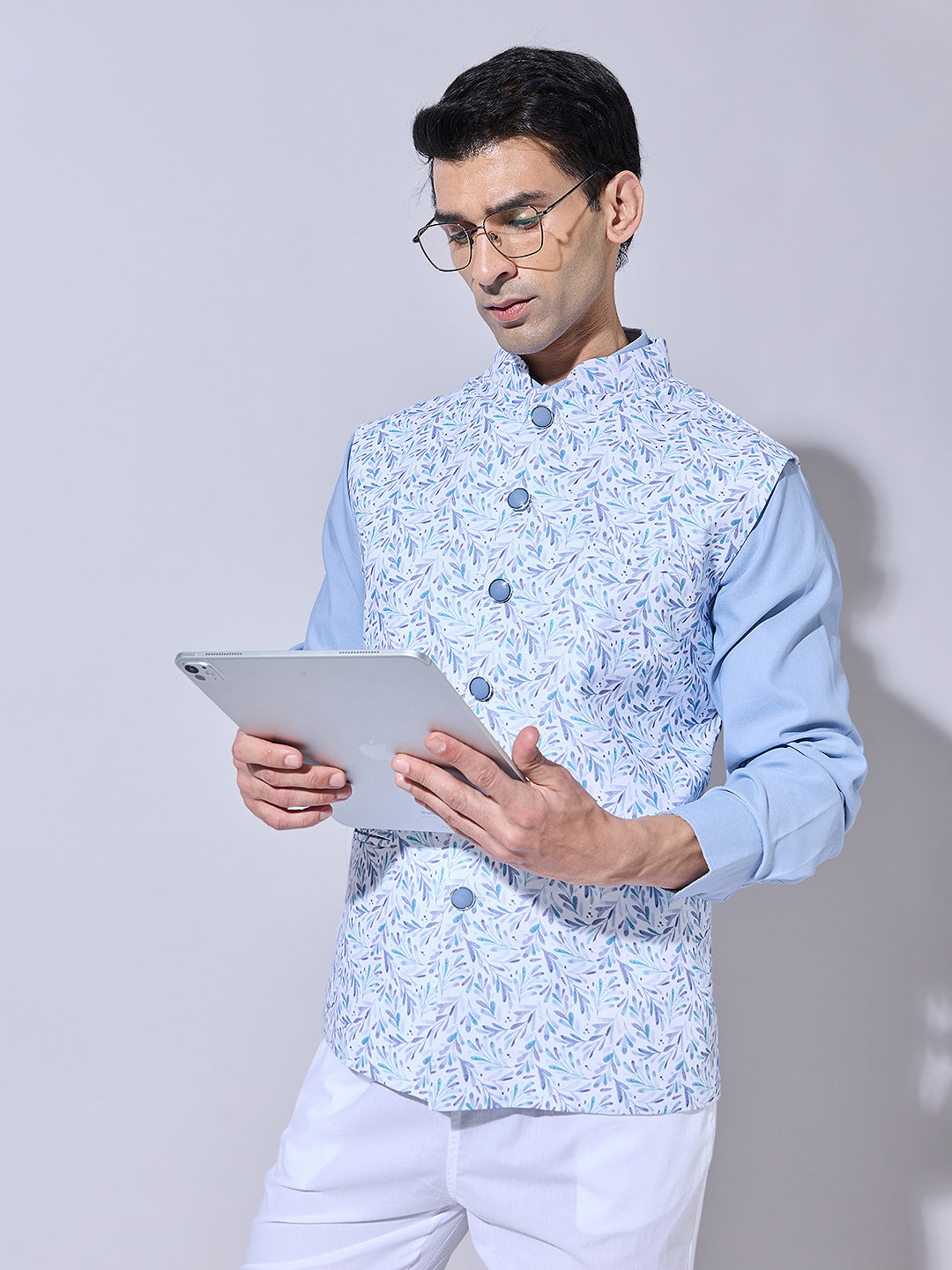 Men's Floral Printed Blue Nehru Jacket