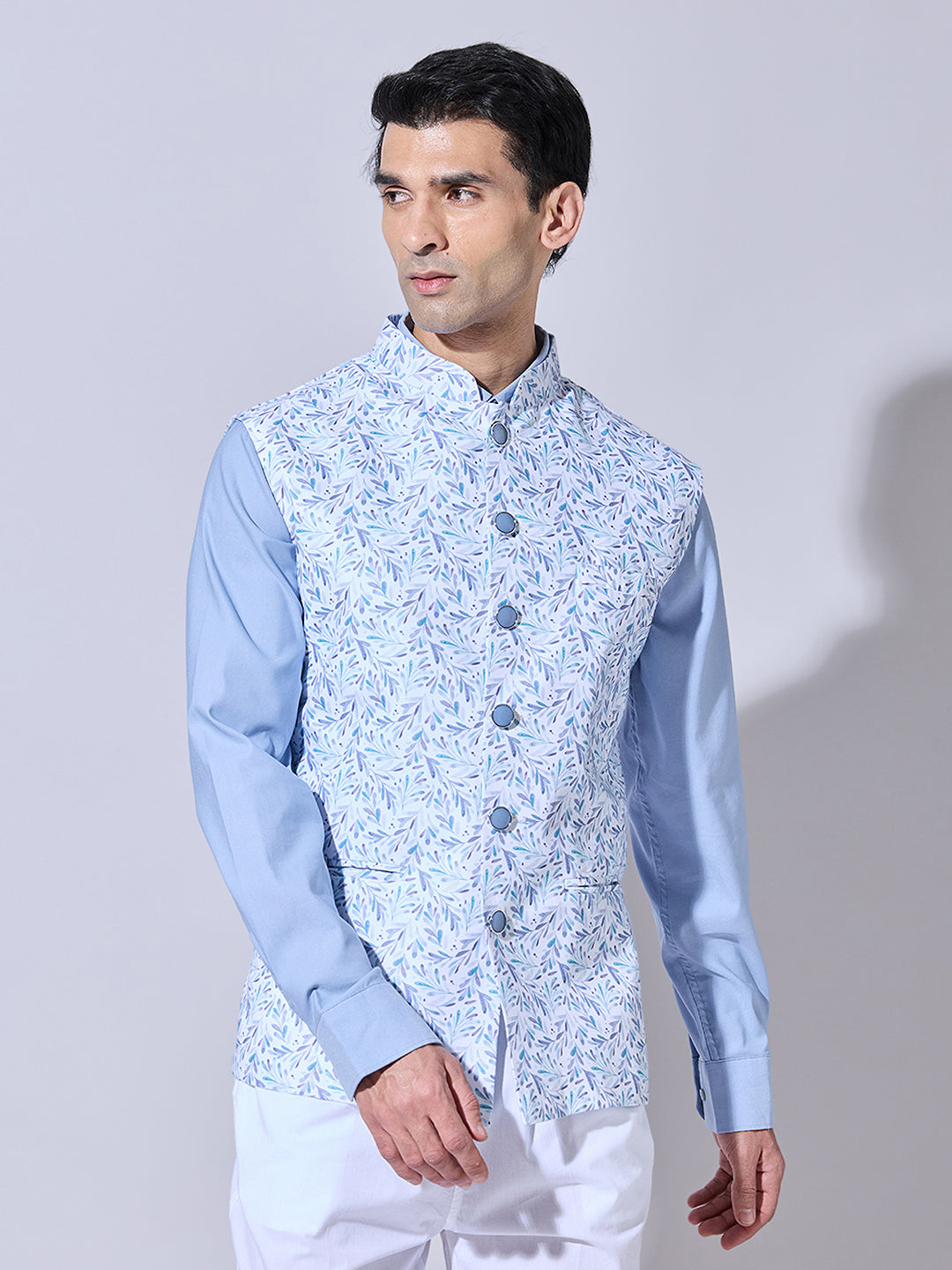 Men's Floral Printed Blue Nehru Jacket