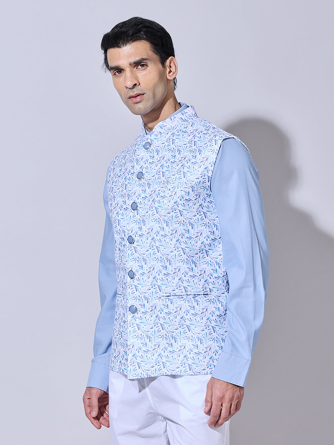 Men's Floral Printed Blue Nehru Jacket