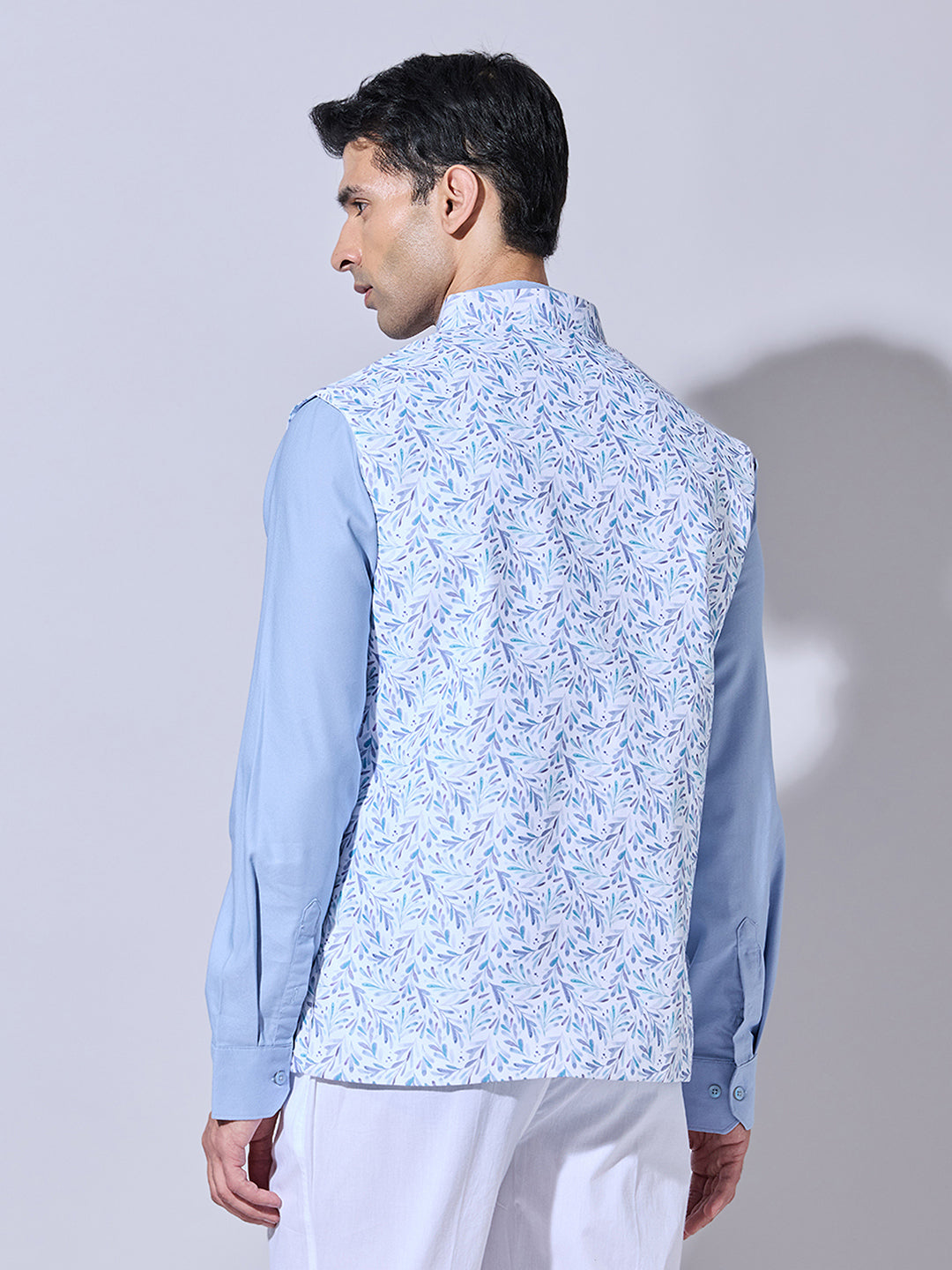 Men's Floral Printed Blue Nehru Jacket