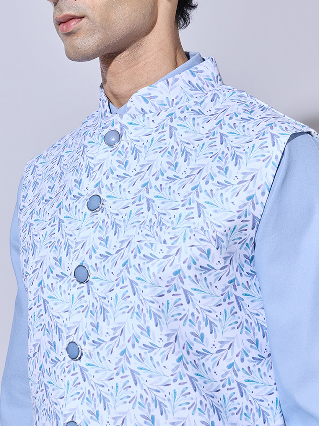 Men's Floral Printed Blue Nehru Jacket