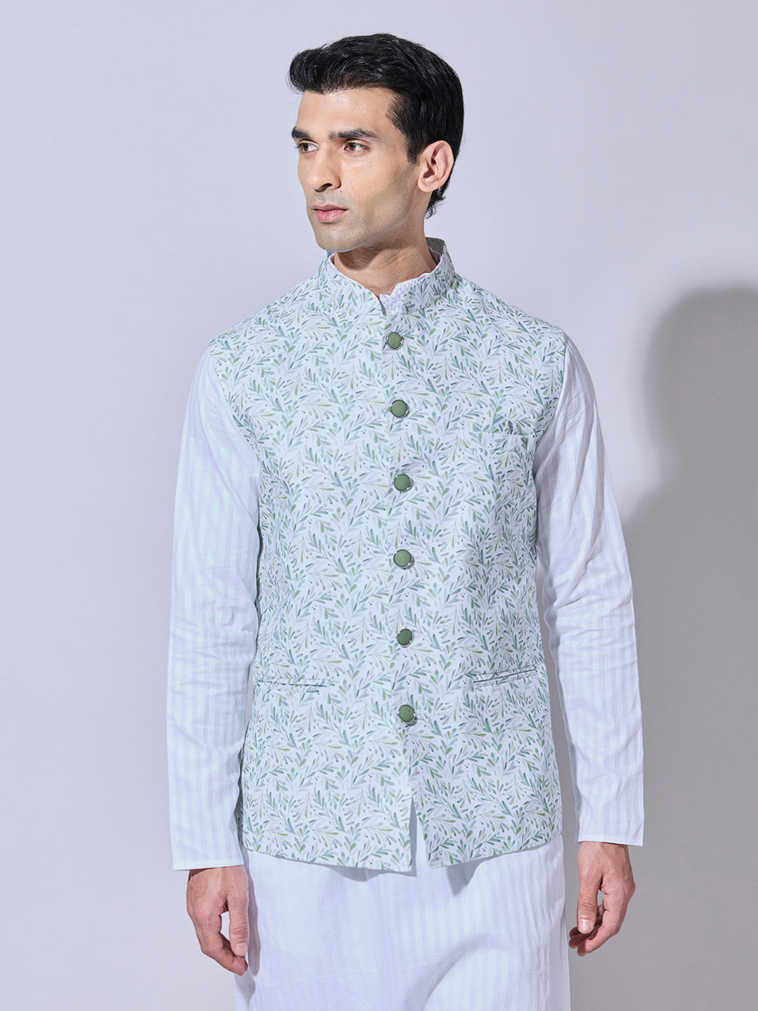 Men's Floral Printed Green Nehru Jacket