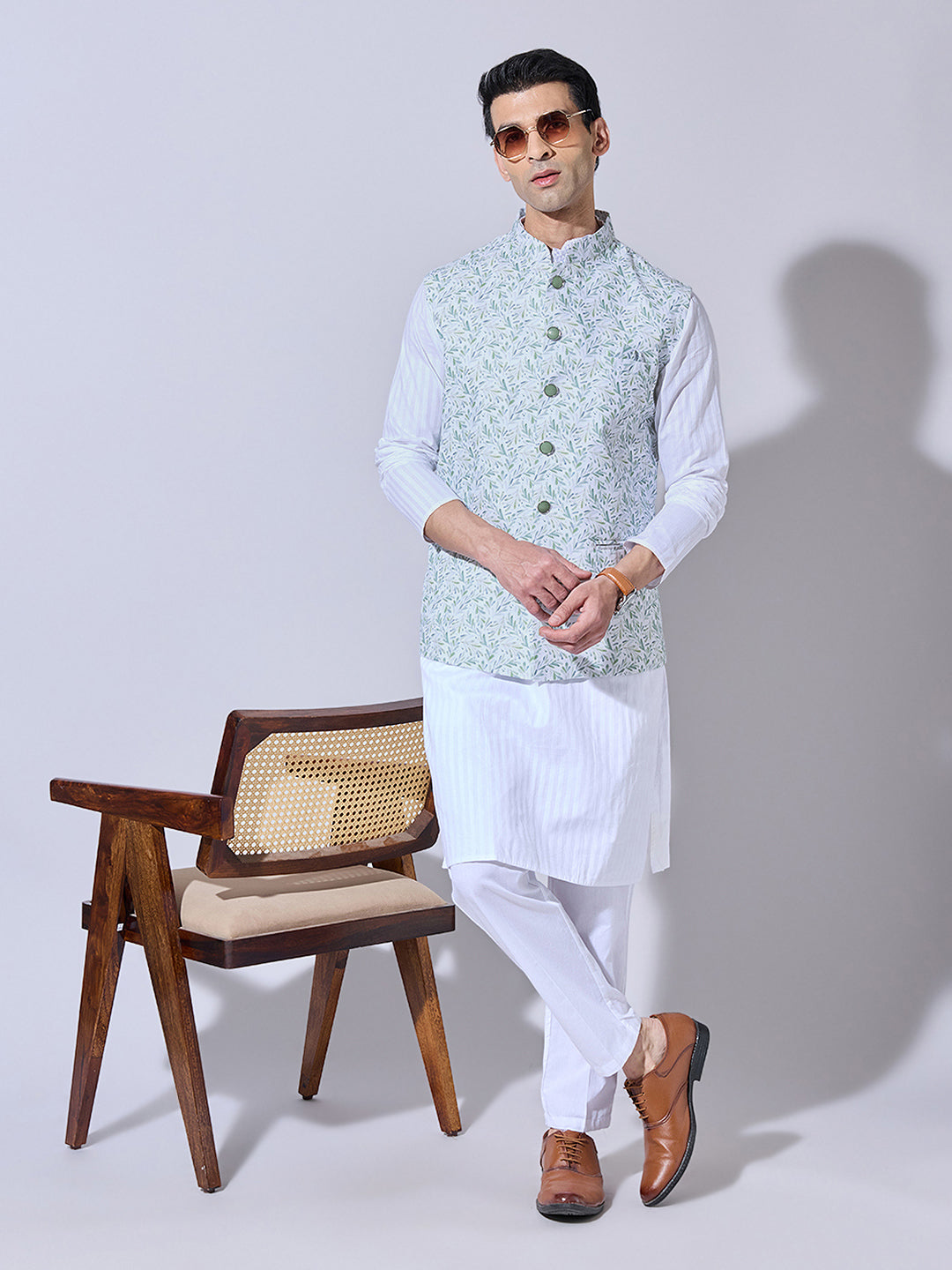 Men's Floral Printed Green Nehru Jacket