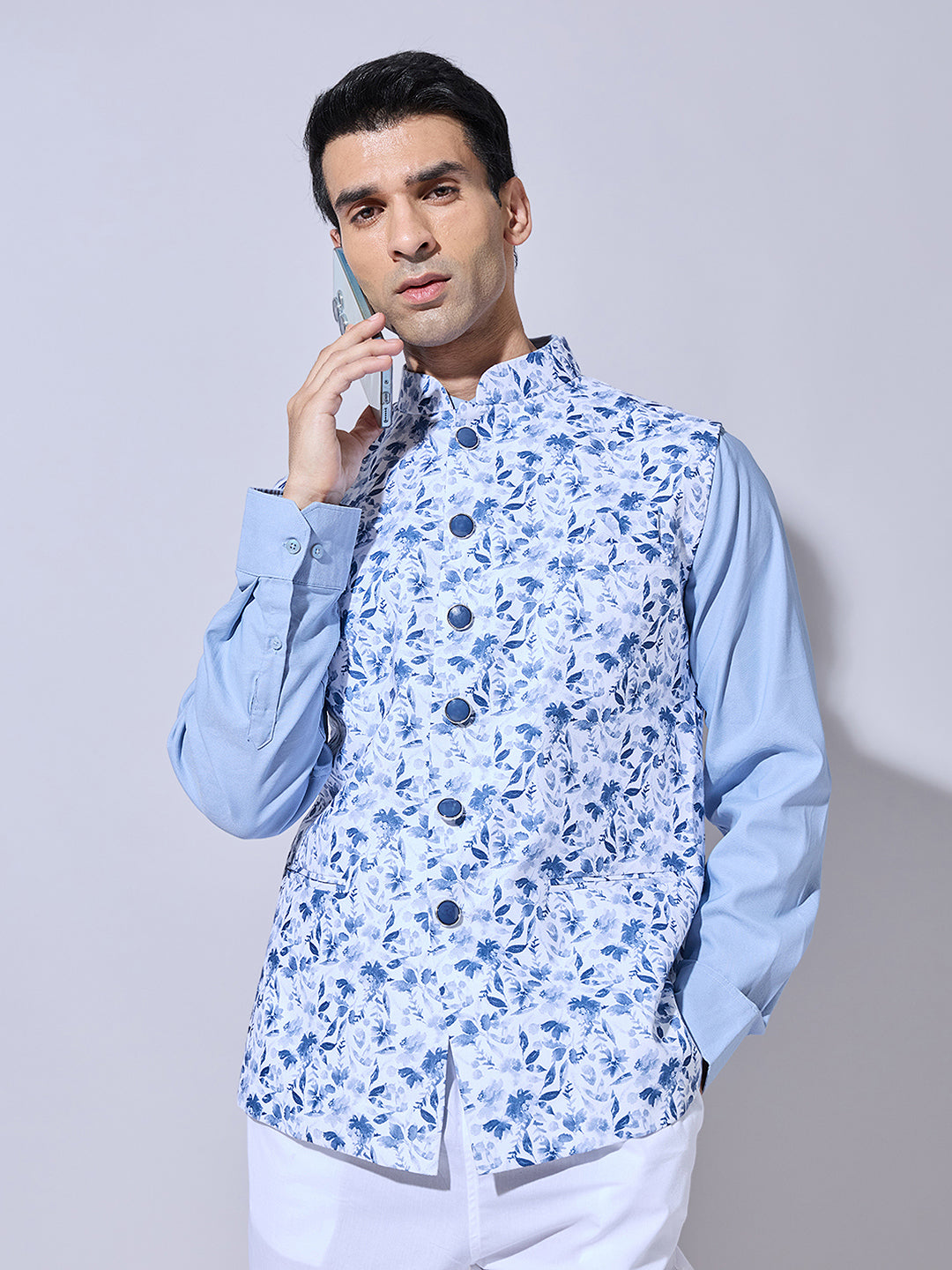 Men's Floral Printed Blue Nehru Jacket