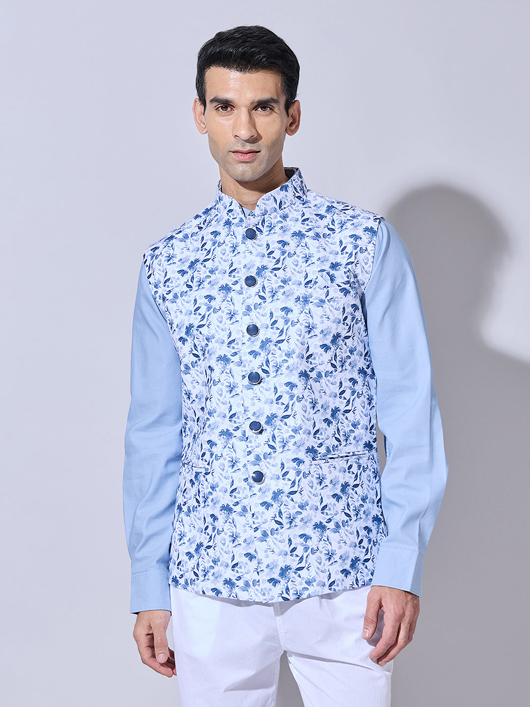 Men's Floral Printed Blue Nehru Jacket