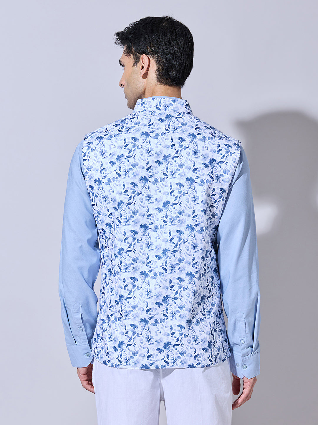 Men's Floral Printed Blue Nehru Jacket