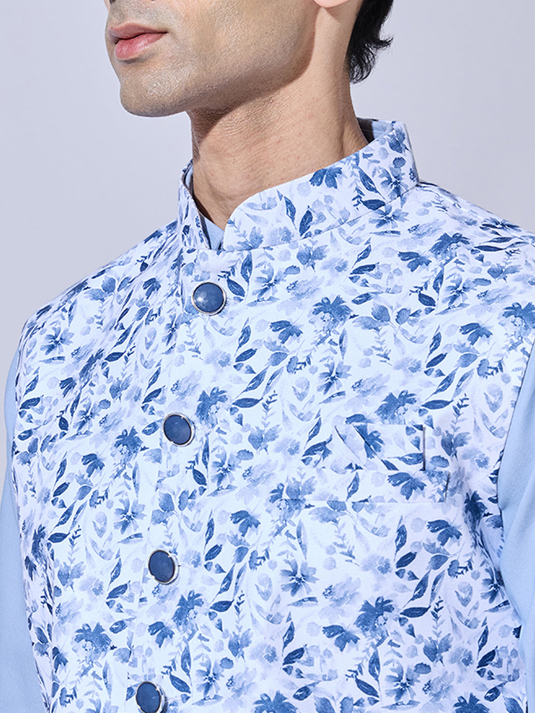 Men's Floral Printed Blue Nehru Jacket
